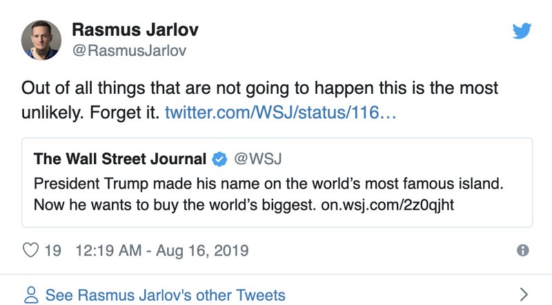 Rasmus Jarlov säger att Trump kan glömma att köpa Grönland. Rasmus Jarlov säger att Trump kan glömma att köpa Grönland.
